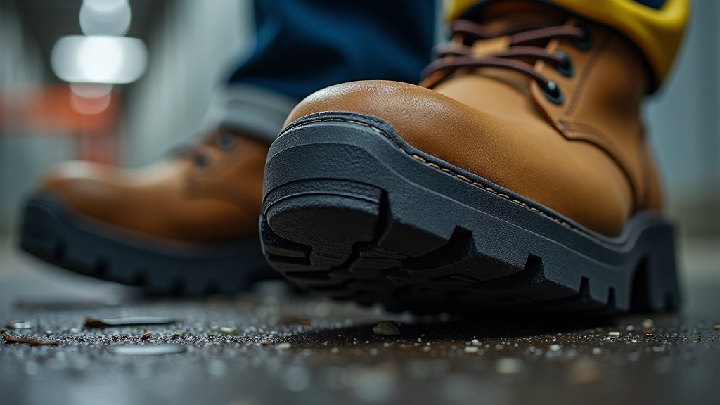 Close-up of boot sole showing puncture-resistant steel plate and tread pattern