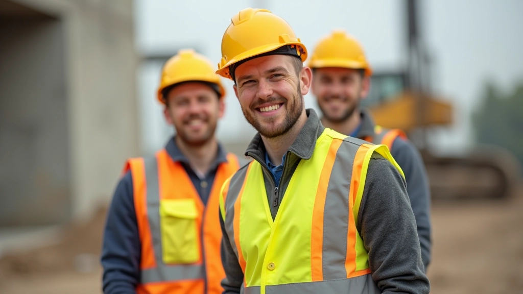 Team of construction workers on job site properly wearing Class 2 and Class 3 high-visibility vests while performing different tasks