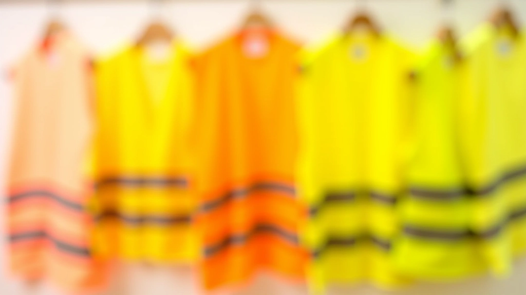 Multiple high-visibility vests in certified yellow and orange colors arranged to show color standards and contrast against different backgrounds