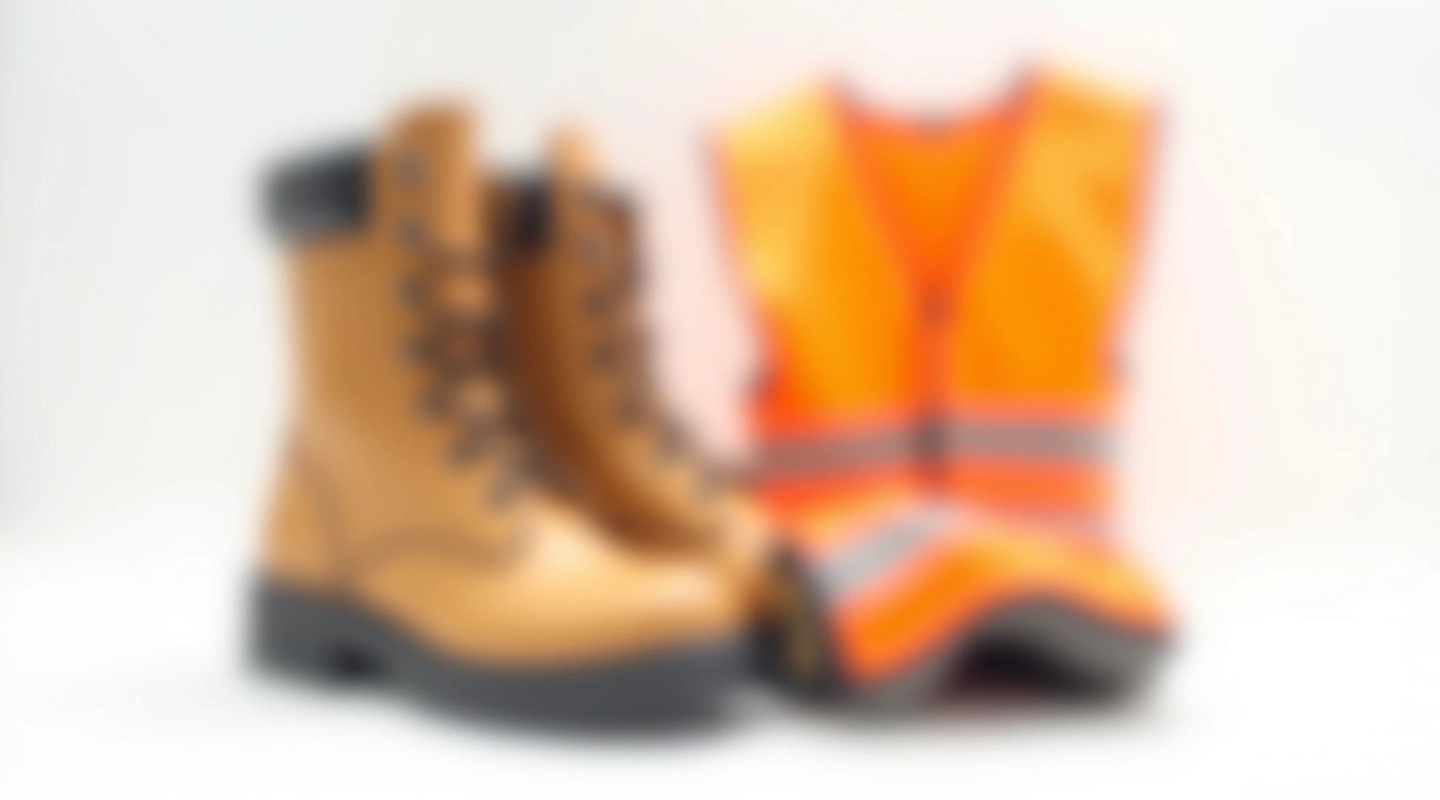 Professional industrial safety boots and high-visibility vest displayed on clean white background