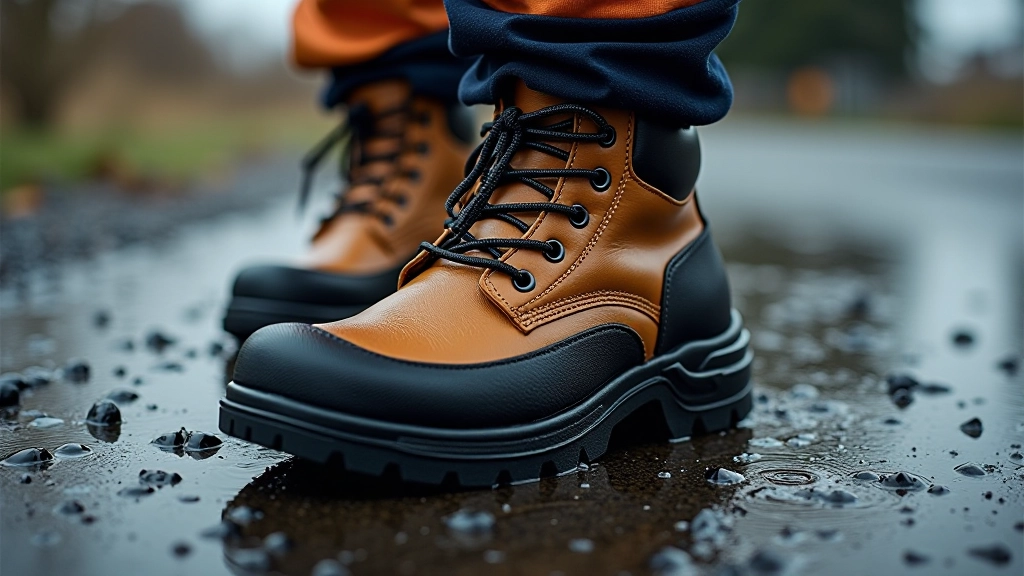 Boot sole in contact with wet surface showing grip pattern and tread texture