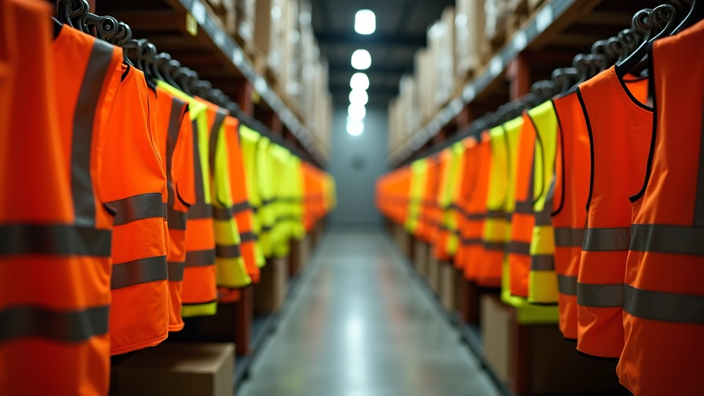 Organized storage area with safety vests hanging properly on racks in clean, well-lit facility