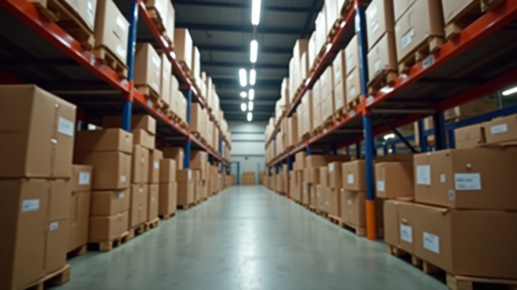 Organized warehouse storage area with shelves of safety equipment neatly arranged and labeled