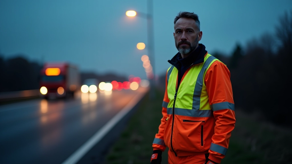 Construction worker in full Class 3 high-visibility gear including vest, pants with reflective strips, and reflective accessories on active highway at night
