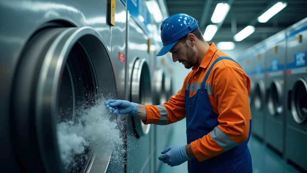 Worker washing and maintaining protective workwear in industrial laundry facility